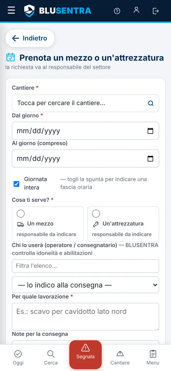Prenotazione di un mezzo dal telefono
